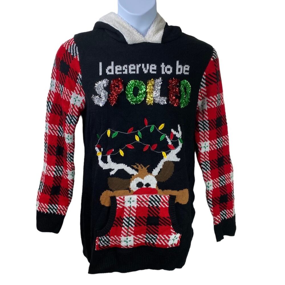 Hooded Ugly Christmas Sweater Plaid Size XL